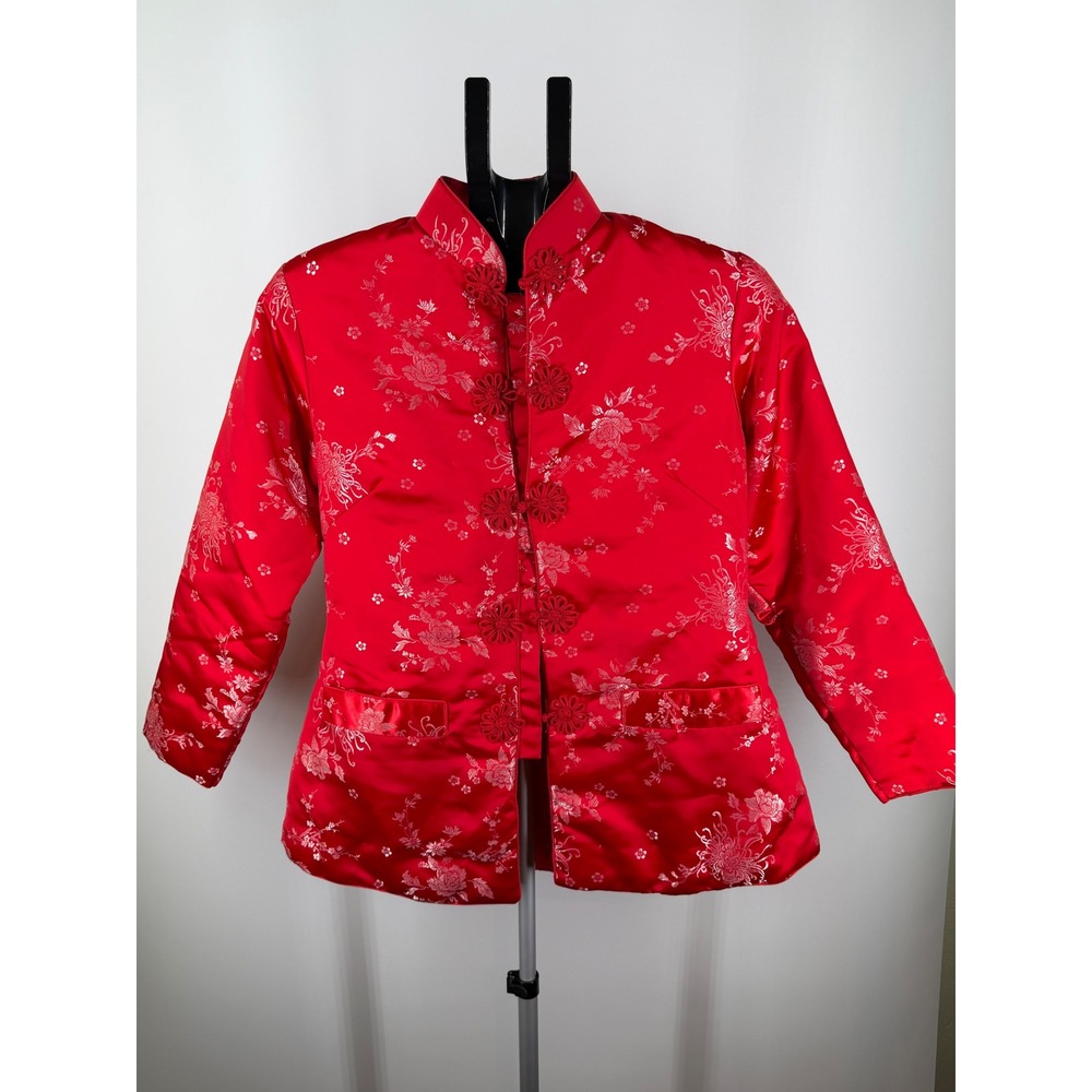 Moon Rabbit Red Floral Brocade Quilted Jacket Frog Buttons Mandarin Collar 42